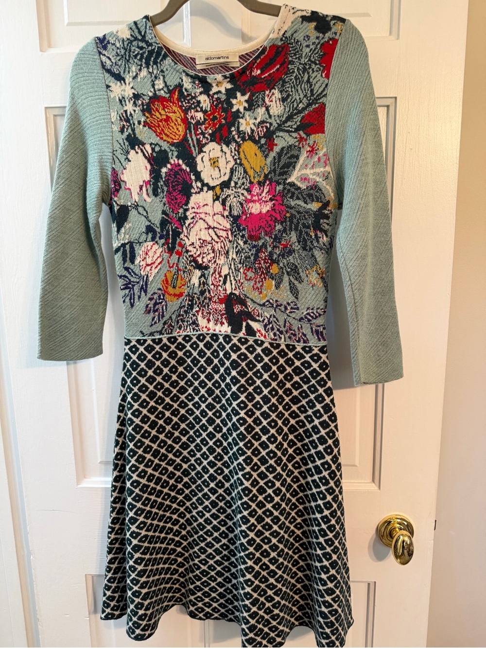 Aldomartins Floral Jacquard Knit Dress Mint Green Geometric A-Line Spain Size M